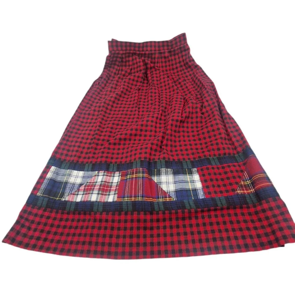 Vintage David Brooks Flannel Skirt Women Size 10 Red & Black Tartan Mixed Print